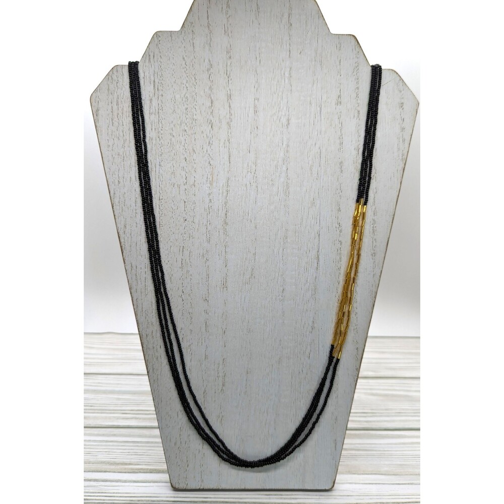 Beaded Necklaces 3 Strand Blk w/ Gold - Picture 1 of 3